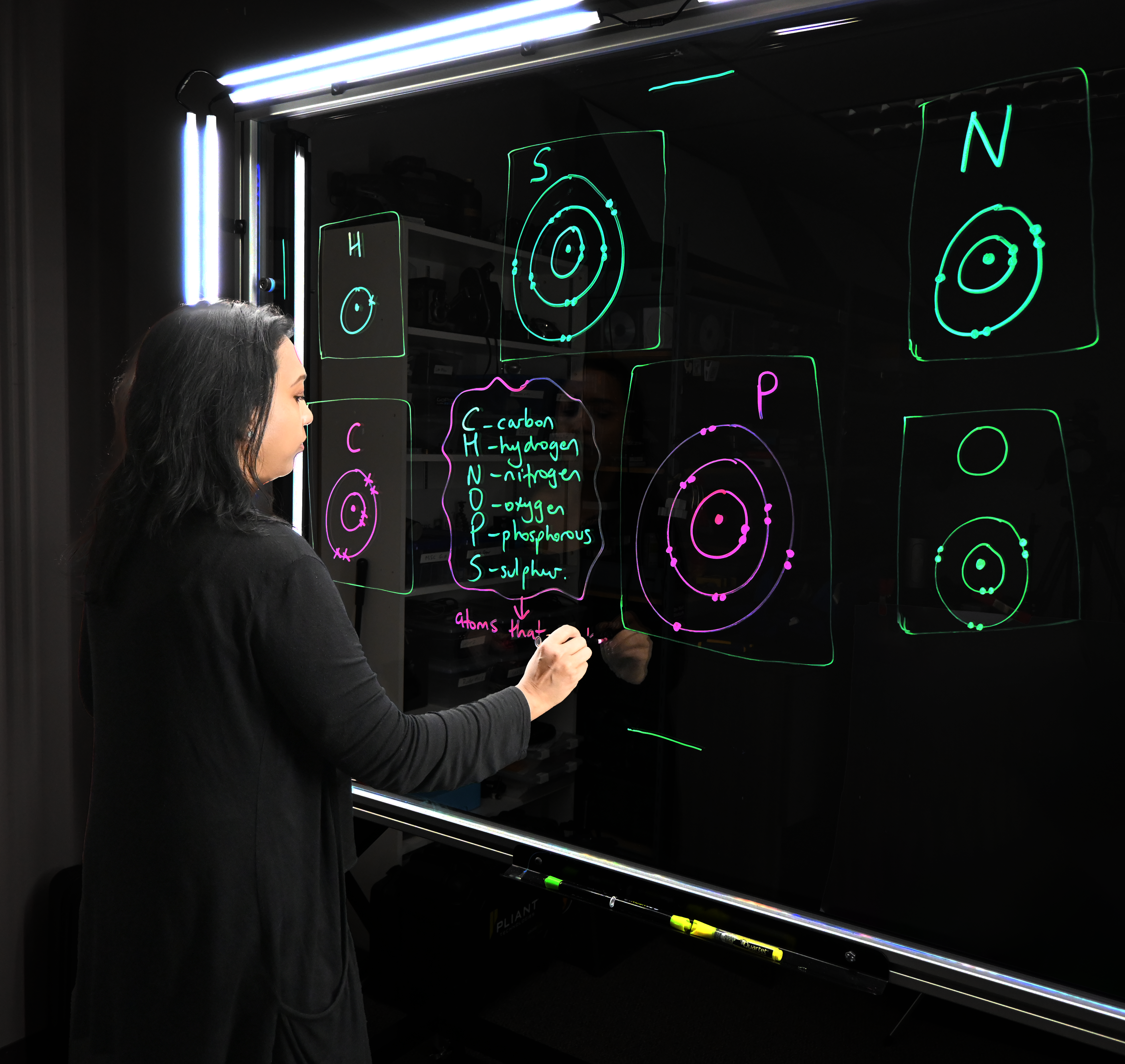 Professor writing on a light board that shows the six elements that make up life along with their Bohr models.