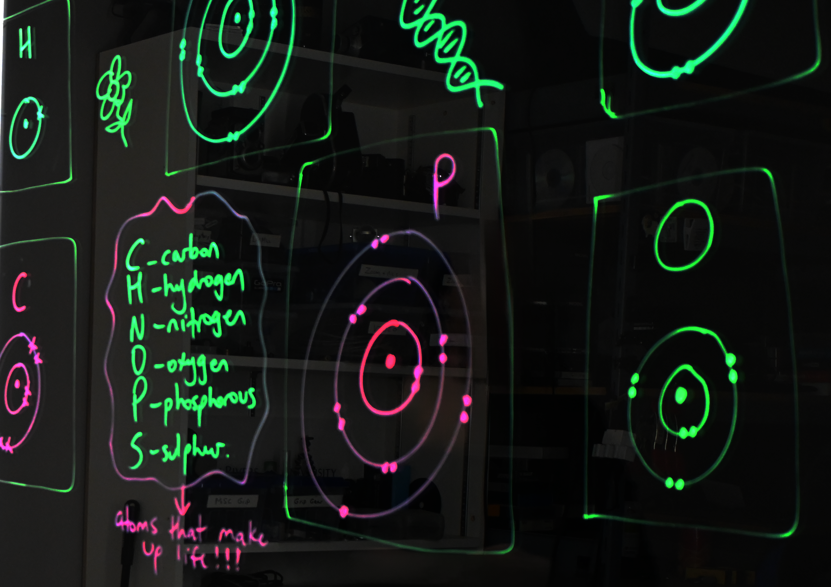 Writing on a light board shows Bohr models of sulphur, nitrogen, phosphorus, and oxygen. There is a list of the six elements that make up life: carbon, hydrogen, nitrogen, oxygen, phosphorus, and sulphur.