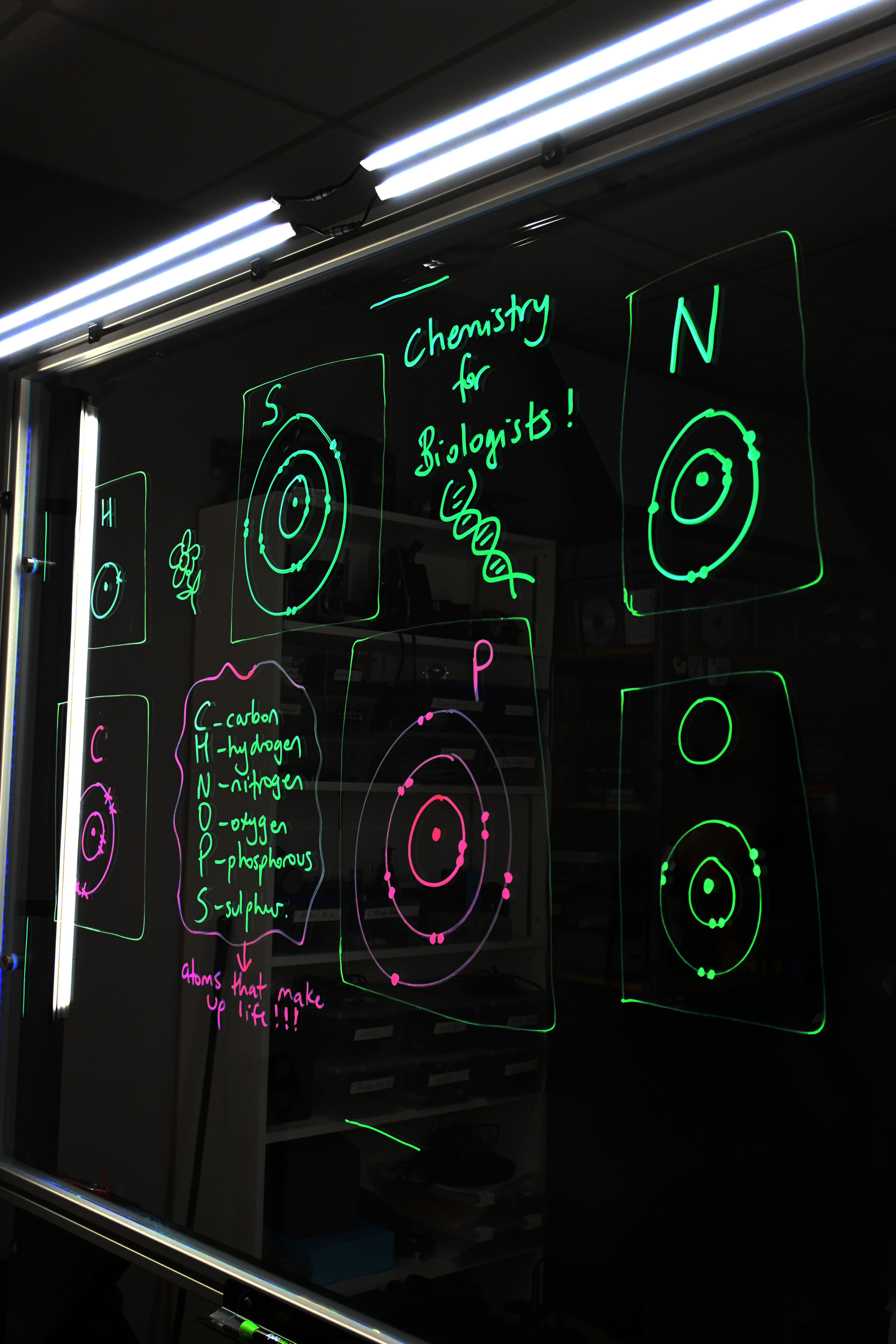 Writing on a light board says 'Chemistry for Biologists' and lists the six elements that make up life along with their Bohr models.