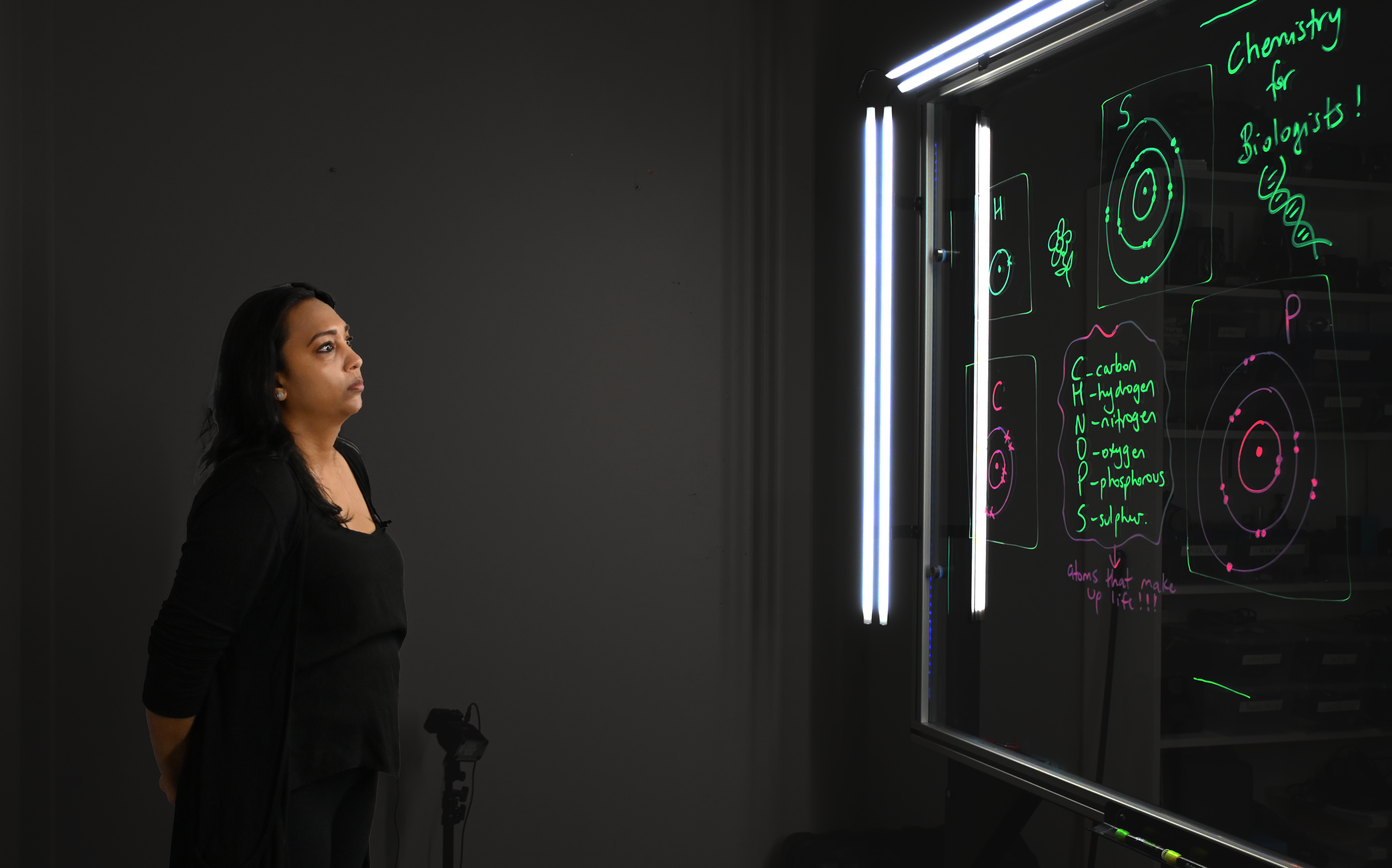 Professor looking at a light board that shows a list of the six elements that make up life along with their Bohr models.