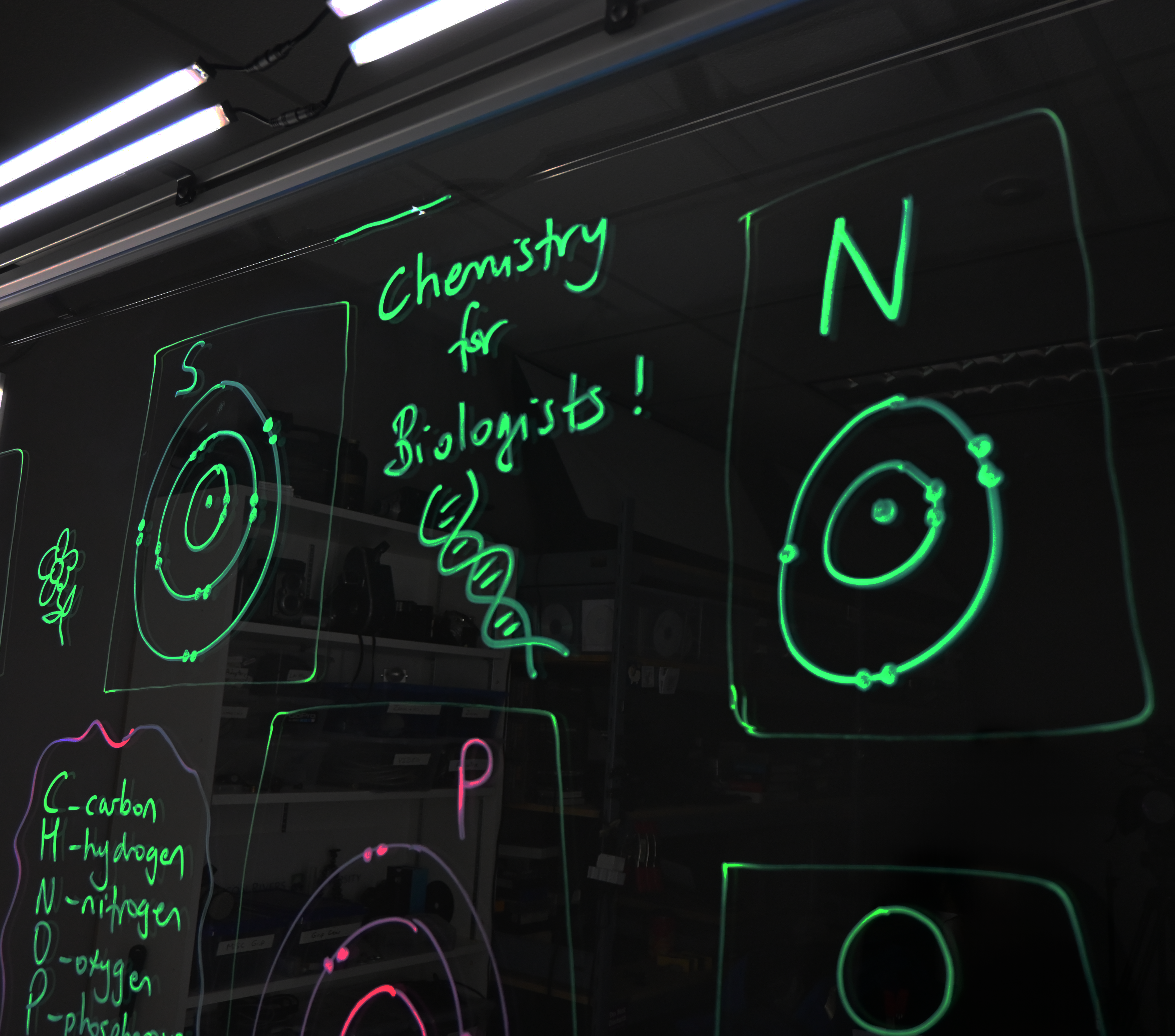 Writing on a light board says 'Chemistry for Biologists' with a double helix below it. Around the writing are Bohr models of sulphur, nitrogen, and phosphorus.