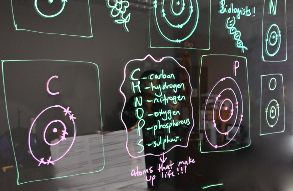 Writing on a light board shows Bohr models of carbon, phosphorus, nitrogen, and oxygen. Two more Bohr models are partially shown. There is a list of the six elements that make up life: carbon, hydrogen, nitrogen, oxygen, phosphorus, and sulphur.