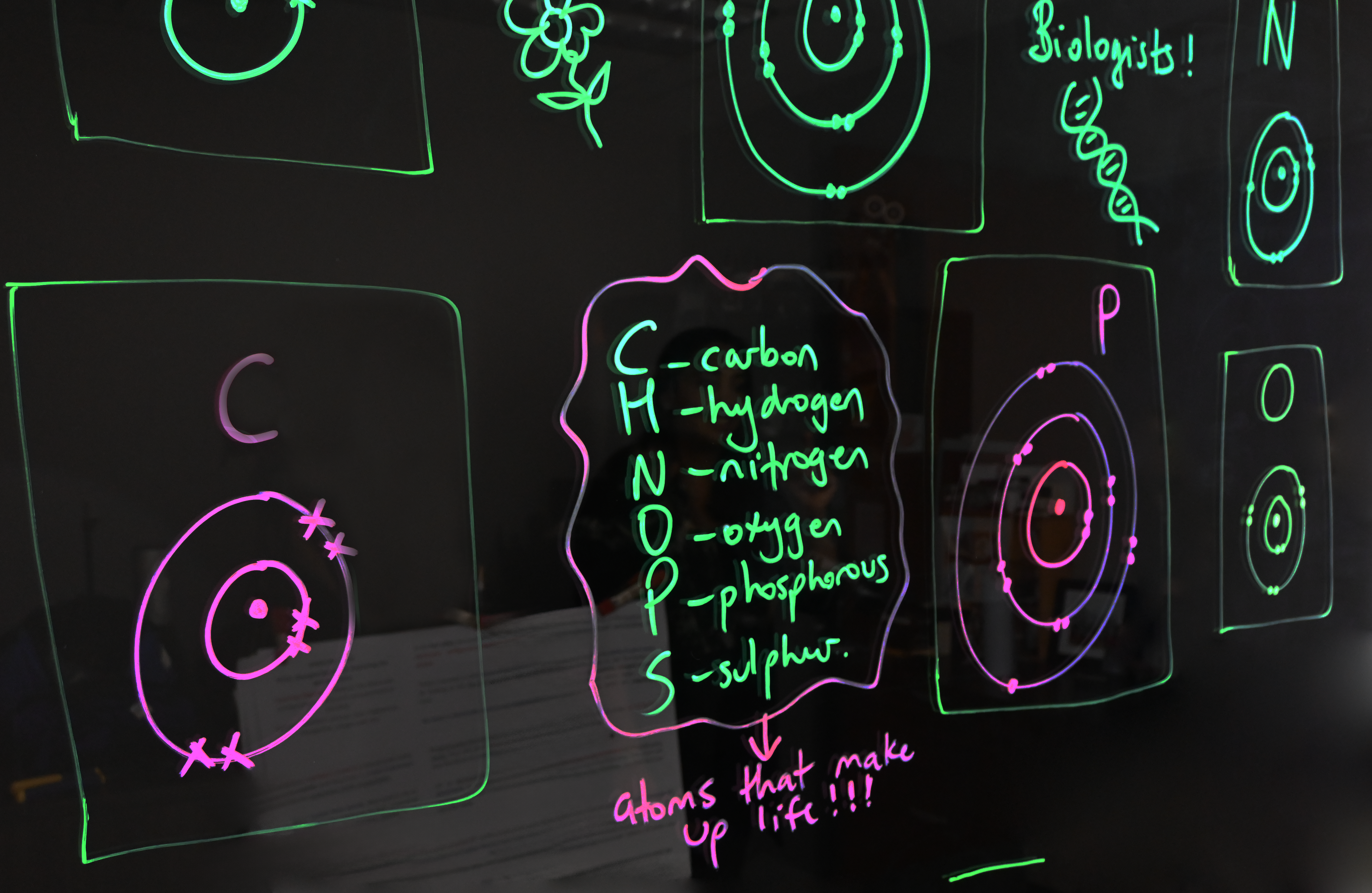 Writing on a light board shows Bohr models of carbon, phosphorus, nitrogen, and oxygen. Two more Bohr models are partially shown. There is a list of the six elements that make up life: carbon, hydrogen, nitrogen, oxygen, phosphorus, and sulphur.