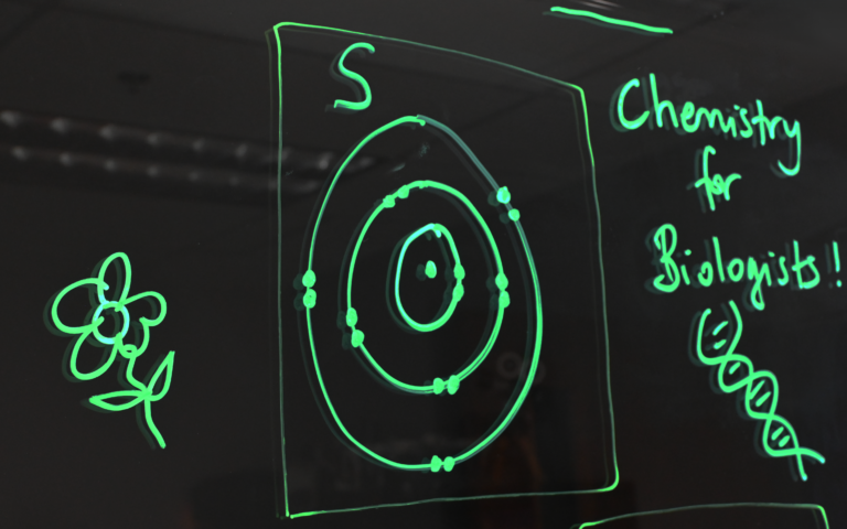 Writing on a light board shows the sulphur Bohr model. On the left side is a flower and on the right is the text 'Chemistry for Biologists' text with a double helix below it.