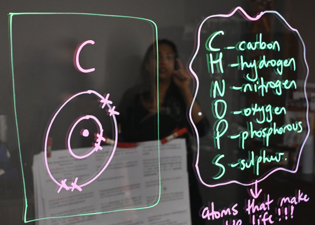Writing on a light board shows a carbon Bohr model and lists the six elements that make up life: carbon, hydrogen, nitrogen, oxygen, phosphorus, and sulphur.