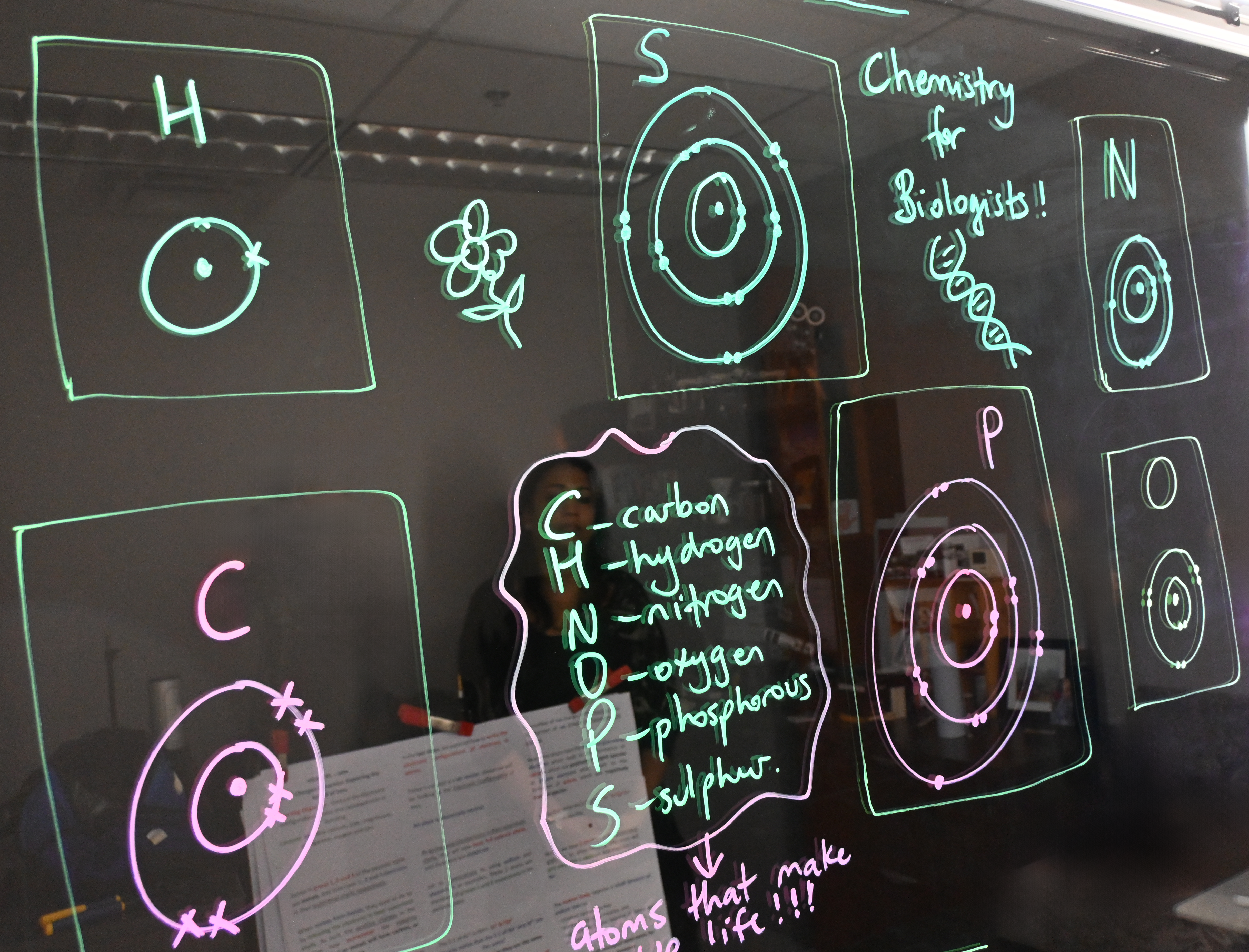 Writing on a light board says 'Chemistry for Biologists' and lists the six elements that make up life along with their Bohr models.