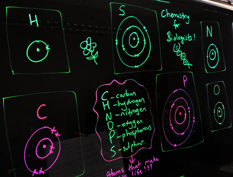 Writing on a light board says 'Chemistry for Biologists' and lists the six elements that make up life along with their Bohr models.