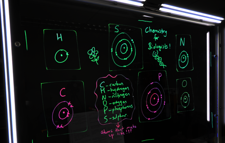 Writing on a light board says 'Chemistry for Biologists' and lists the six elements that make up life along with their Bohr models.