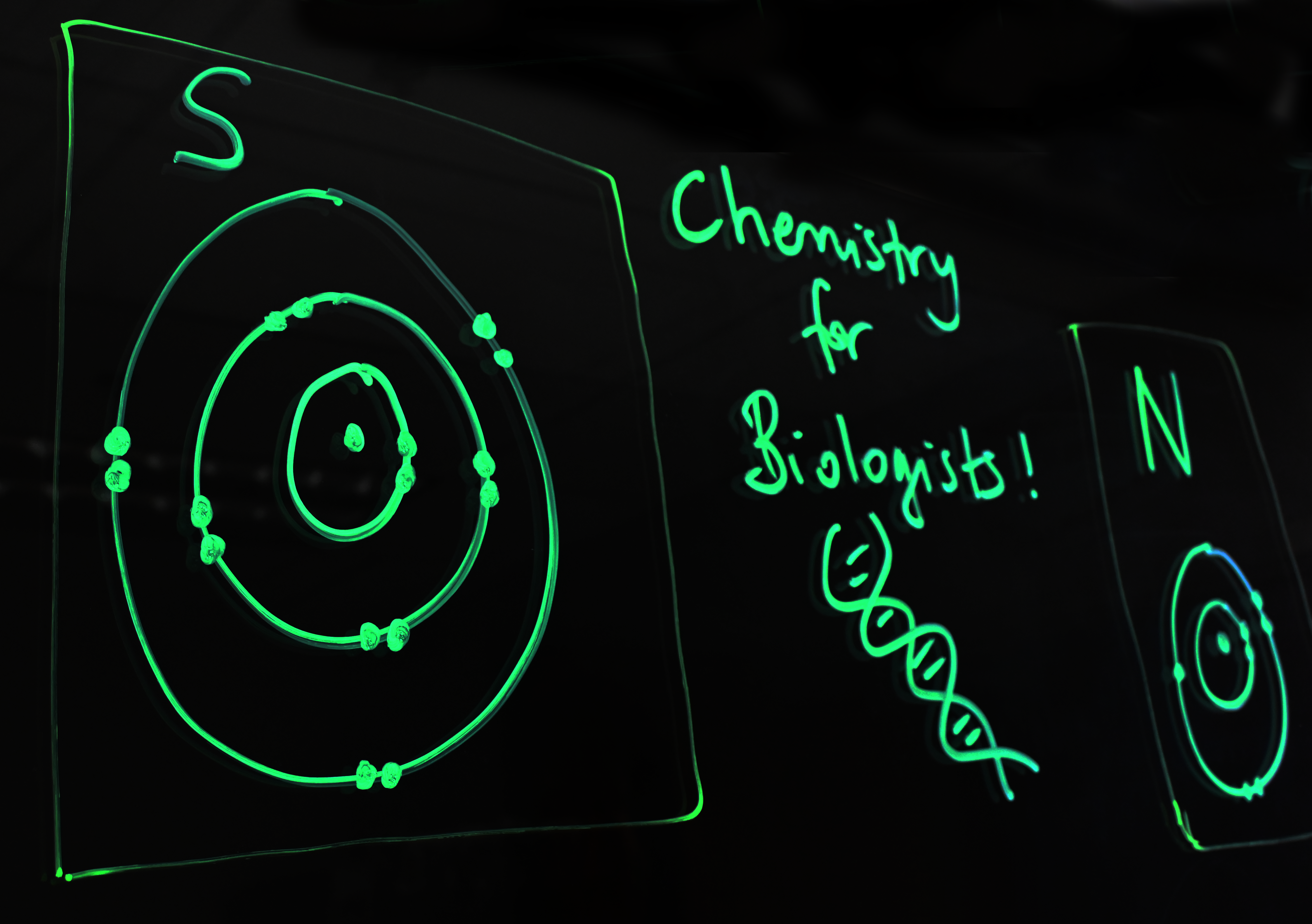 Writing on a light board says 'Chemistry for Biologists!' with a double helix drawing below it. On left side of the writing is a sulphur Bohr model and on the right is a nitrogen Bohr model.