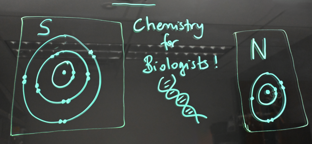 Writing on a light board says 'Chemistry for Biologists!' with a double helix drawing below it. On left side of the writing is a sulphur Bohr model and on the right is a nitrogen Bohr model.