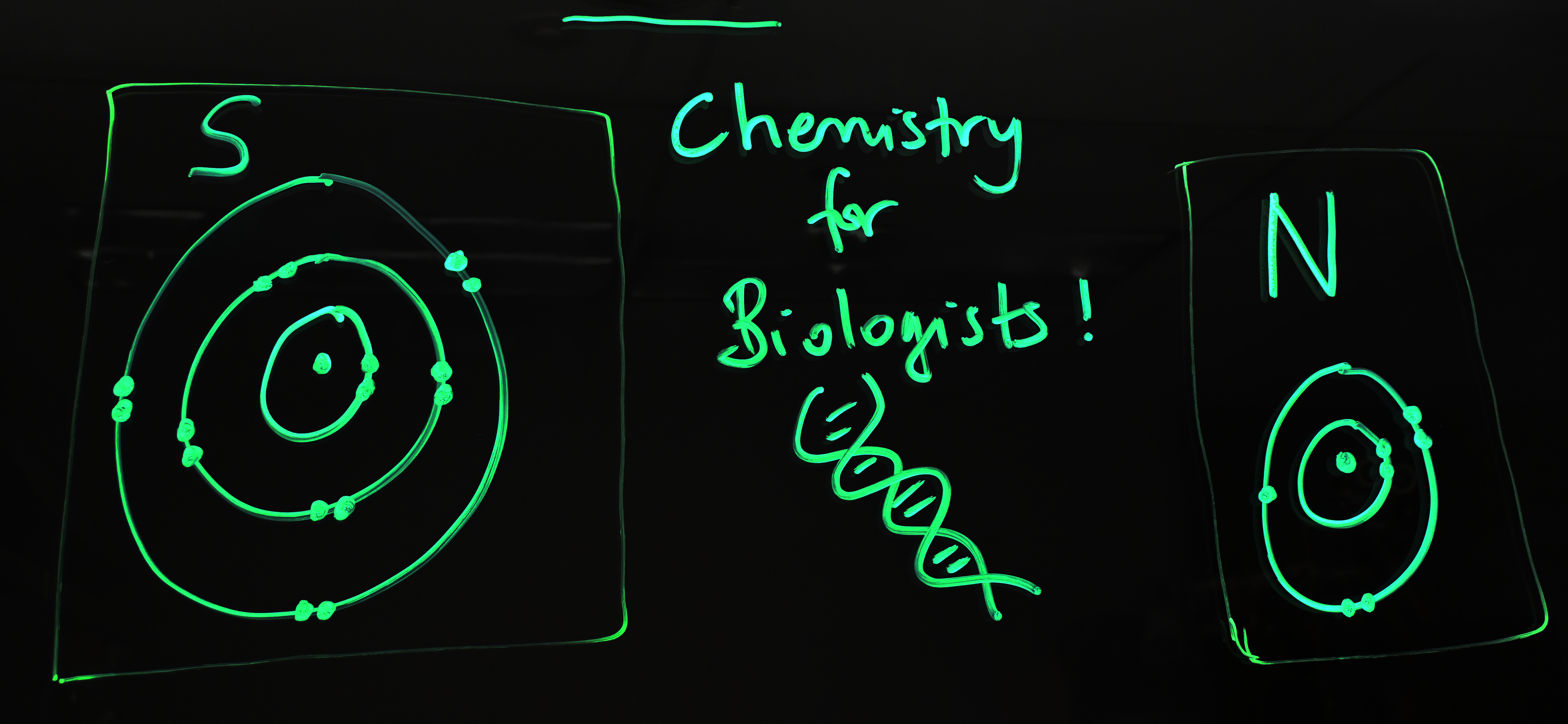 Writing on a light board says 'Chemistry for Biologists!' with a double helix drawing below it. On left side of the writing is a sulphur Bohr model and on the right is a nitrogen Bohr model.