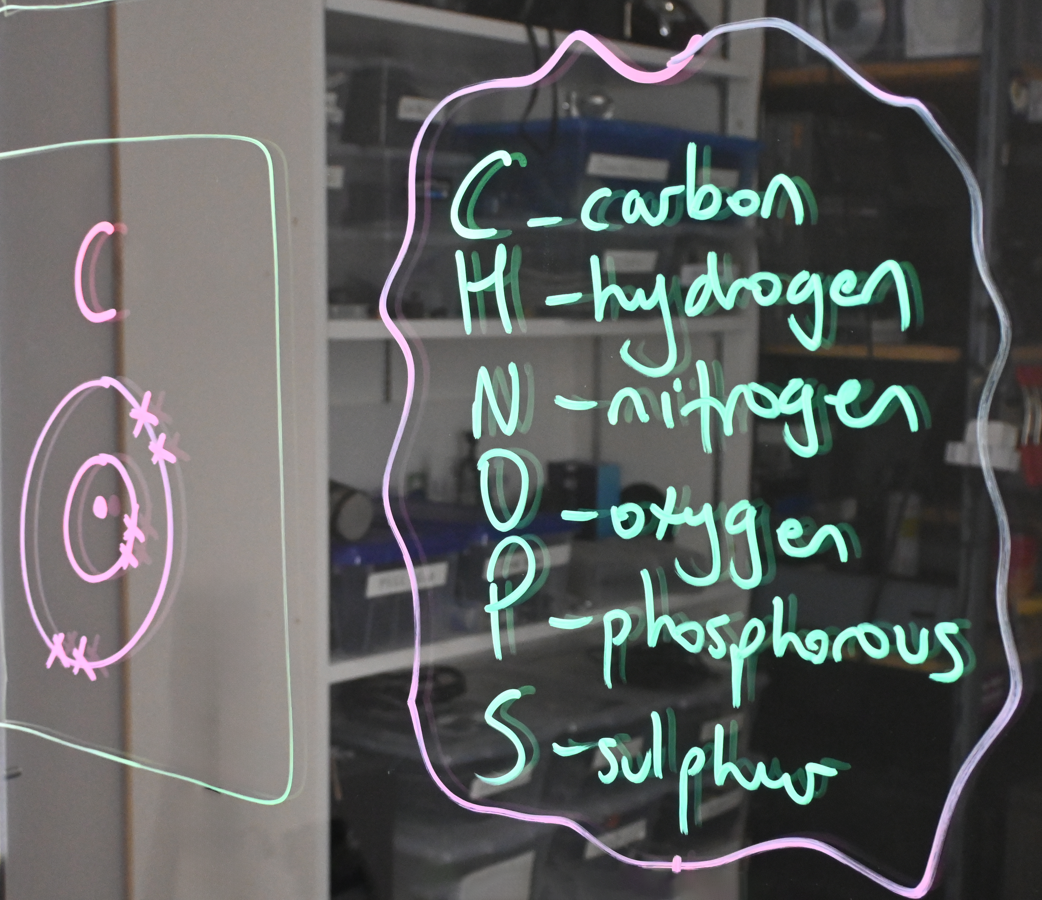 Writing on a light board shows a Bohr model of phosphorus lists the six elements that make up life. These elements are carbon, hydrogen, nitrogen, oxygen, phosphorus, and sulphur.