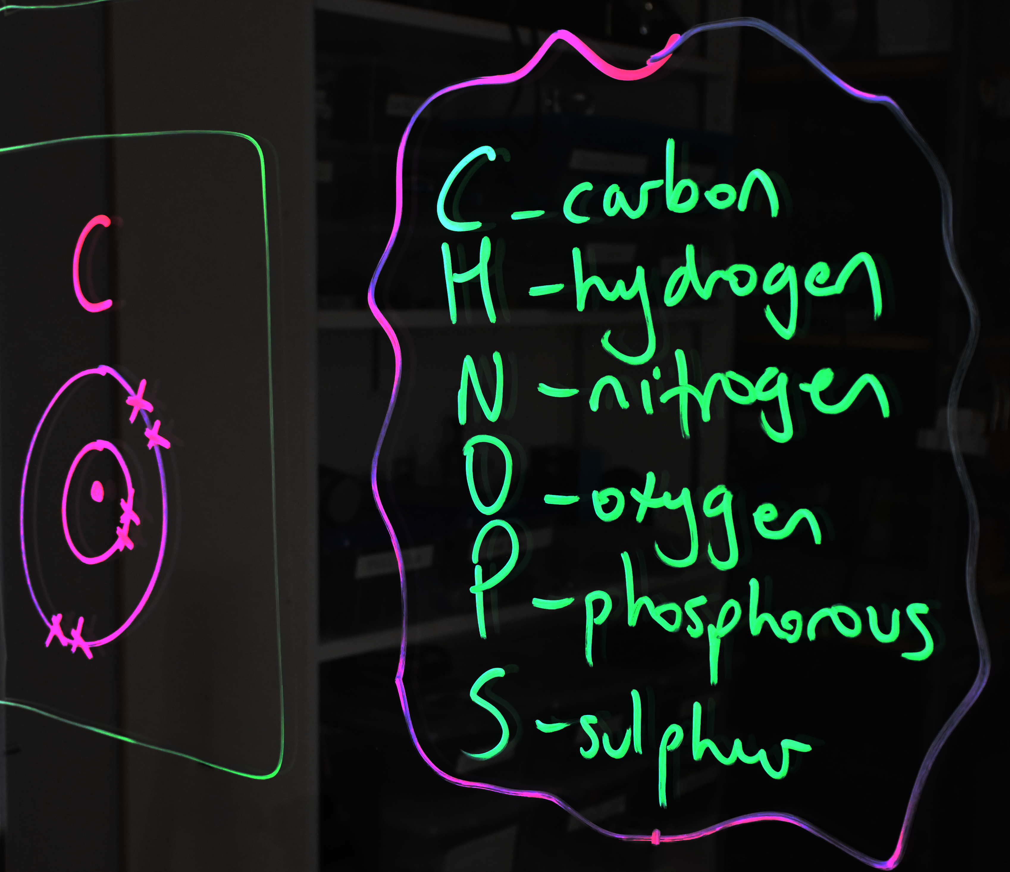 Writing on a light board shows a Bohr model of phosphorus lists the six elements that make up life. These elements are carbon, hydrogen, nitrogen, oxygen, phosphorus, and sulphur.