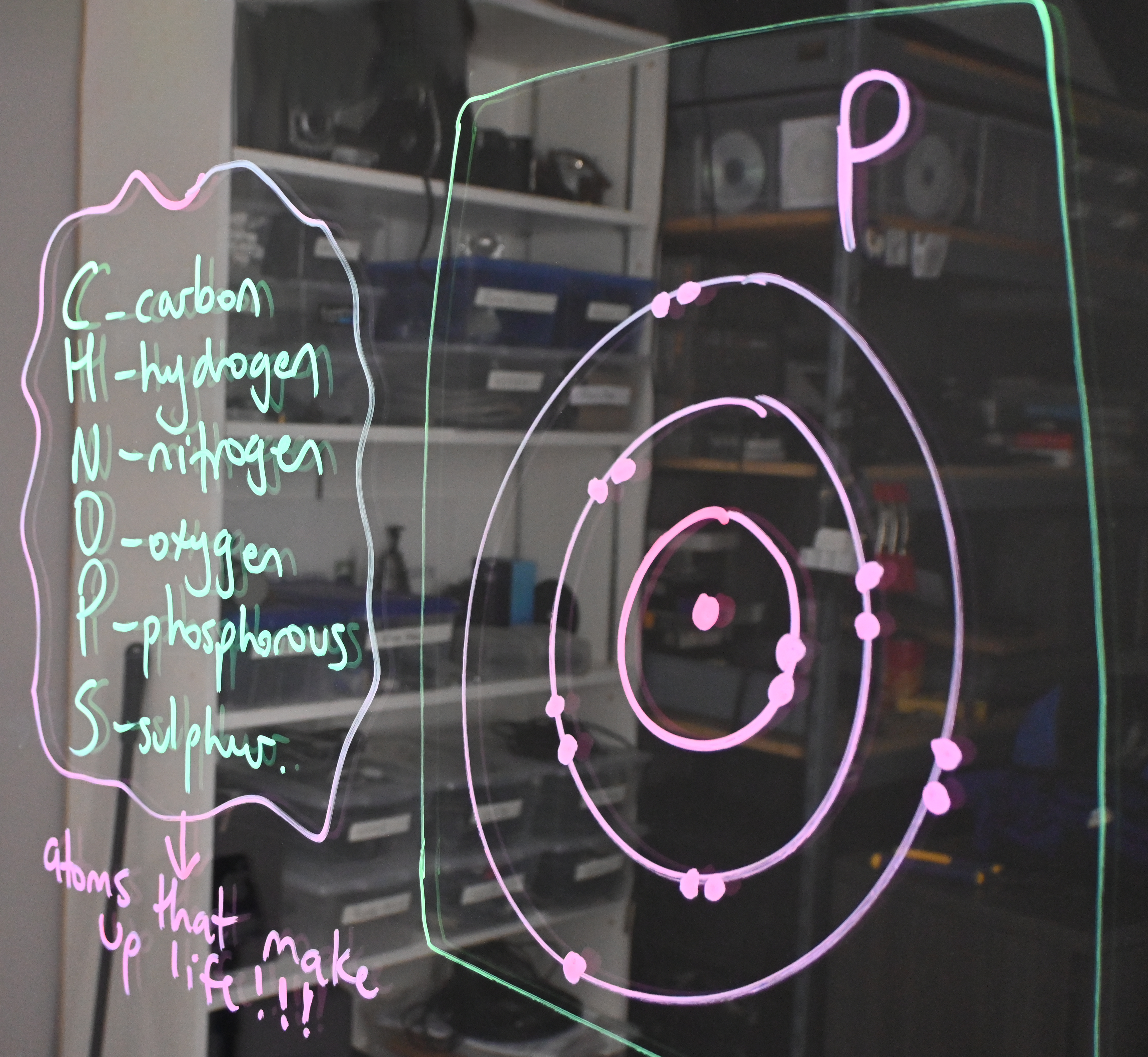 Writing on a light board shows a Bohr model of phosphorus lists the six elements that make up life. These elements are carbon, hydrogen, nitrogen, oxygen, phosphorus, and sulphur.