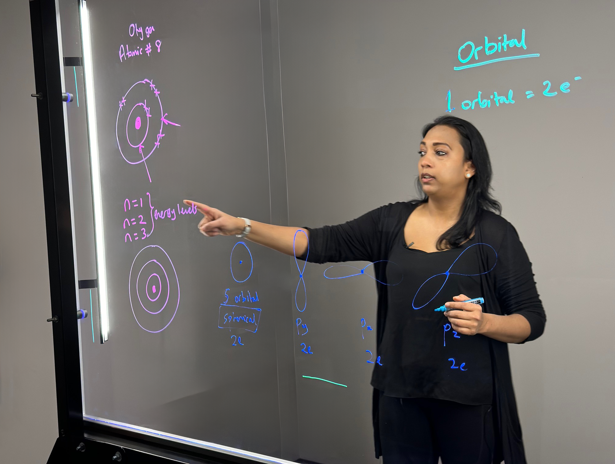 Professor pointing to writing on a light board that shows a Bohr model of the element oxygen.