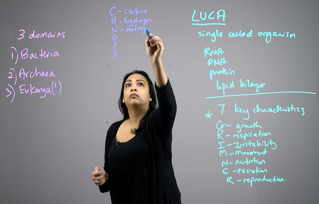 Professor writing on a light board to explain chemistry for biologists.