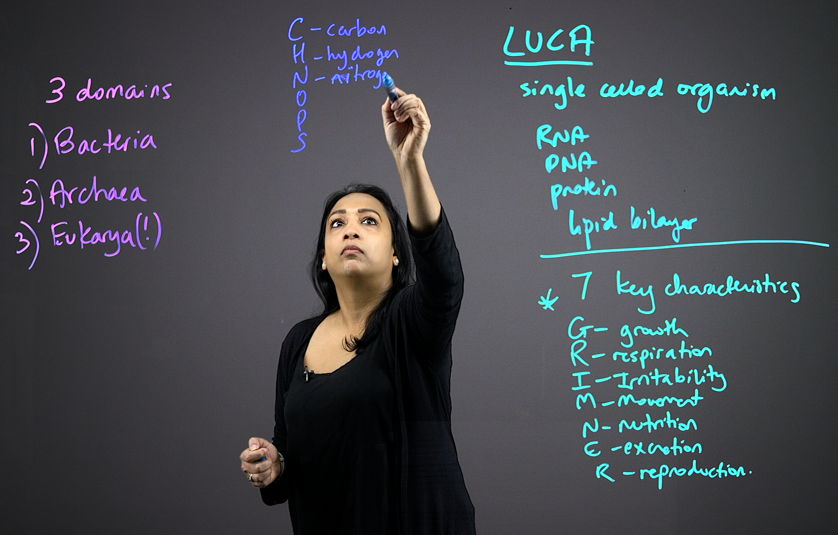 Professor writing on a light board to explain chemistry for biologists.