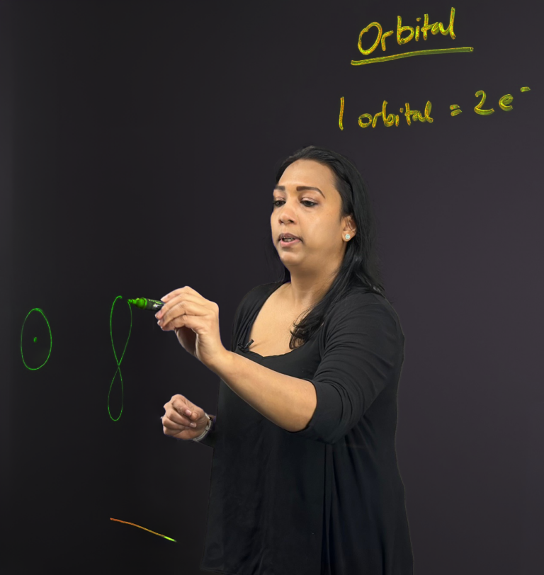 Professor writing on light board to explain orbitals in the Bohr model.