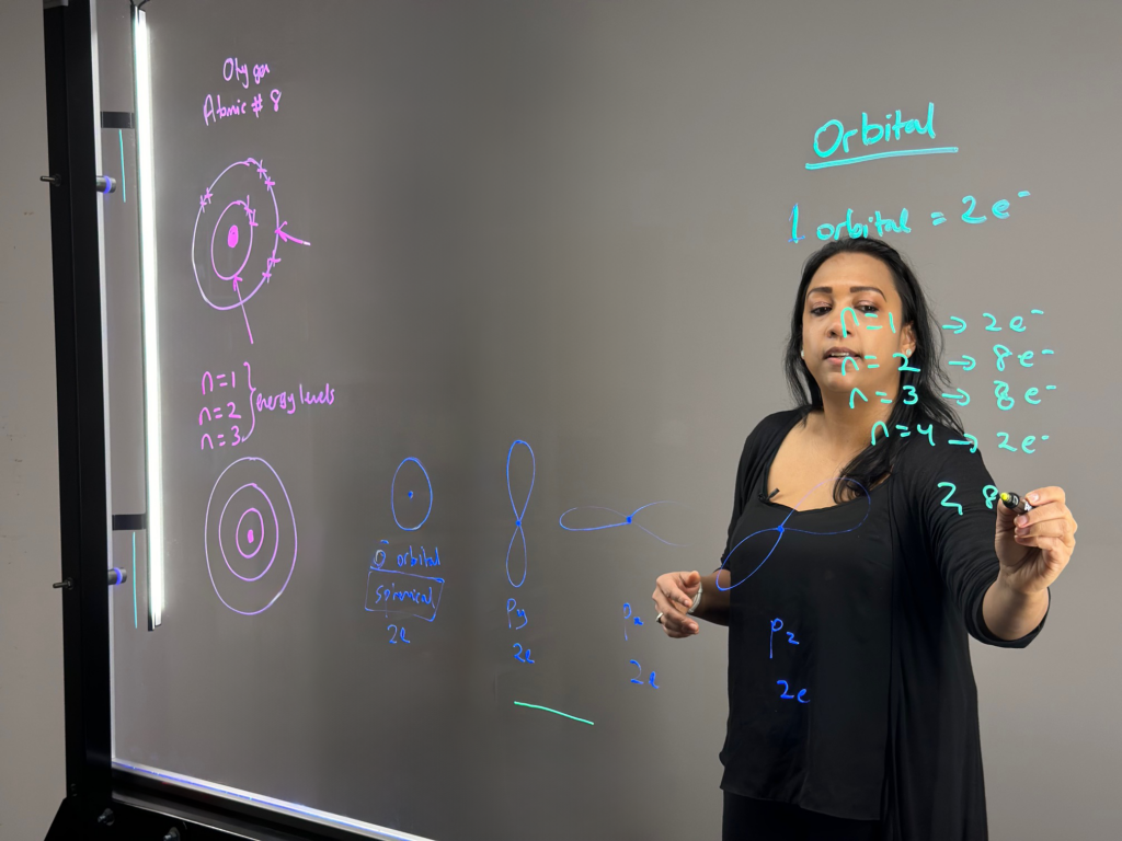 Professor writing on light board to explain orbitals in the Bohr model.