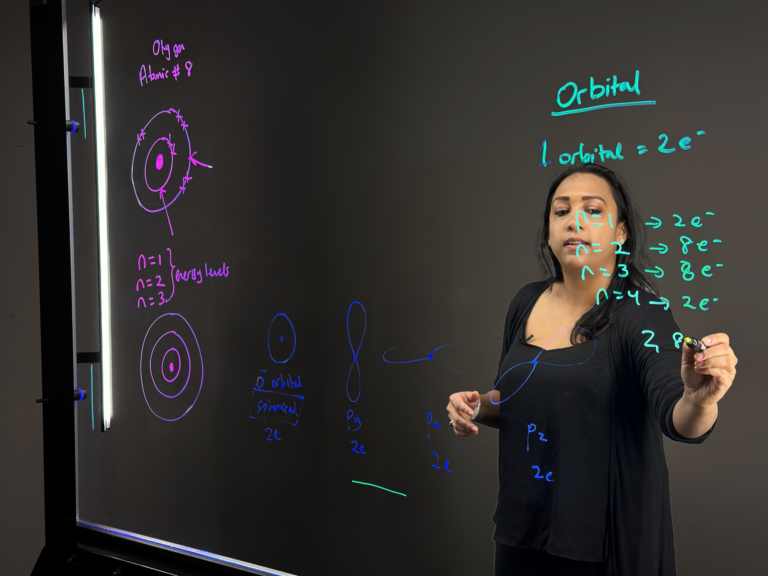 Professor writing on light board to explain orbitals in the Bohr model.